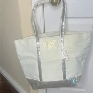 Victoria's Secret White Tote with Silver Sequin Trim